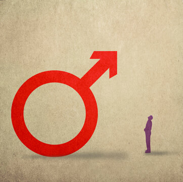 Illustration of small man looking at giant male symbol