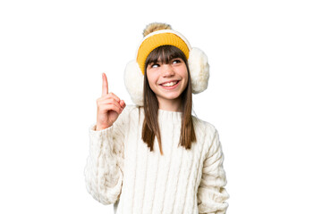 Little caucasian girl wearing winter muffs over isolated background intending to realizes the solution while lifting a finger up