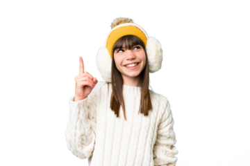 Little caucasian girl wearing winter muffs over isolated background intending to realizes the solution while lifting a finger up