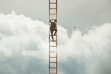 surreal man tries to reach the sky with a ladder fearfully looking down, the concept is business...