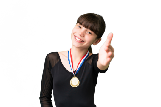 Little caucasian girl with medals over isolated background shaking hands for closing a good deal