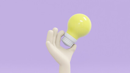 3D illustration of cute hand holds yellow bulb isolated on purple background with clipping path.