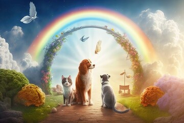 A beautiful fairy garden of Eden with happy dogs and cats who run and play. They live after death in a heavenly paradise. Concept of life after death for animals. - obrazy, fototapety, plakaty