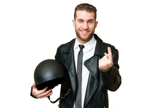 Business man with a motorcycle helmet over isolated chroma key background doing coming gesture