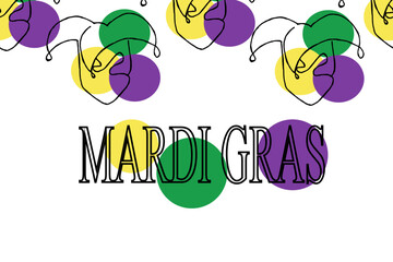 Big banner with line art mardi gras mask on white background with inscription. Colorful carnival backdrop. Parsley and Harlequin Mask.