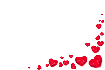 Frame made of red decorative hearts isolated on white background. Love. Valentine's Day concept. Free space for text.