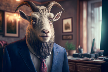Portrait d'une chèvre anthropomorphe businessman travaillant dans les bureaux de sa société » IA générative - obrazy, fototapety, plakaty