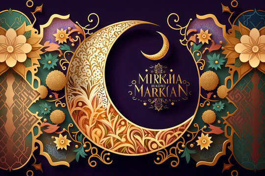 Luxurious and elegant design Ramadan kareem with crescent moon, traditional and Islamic ornamental colorful detail of mosaic for islamic greeting.Vector illustration.