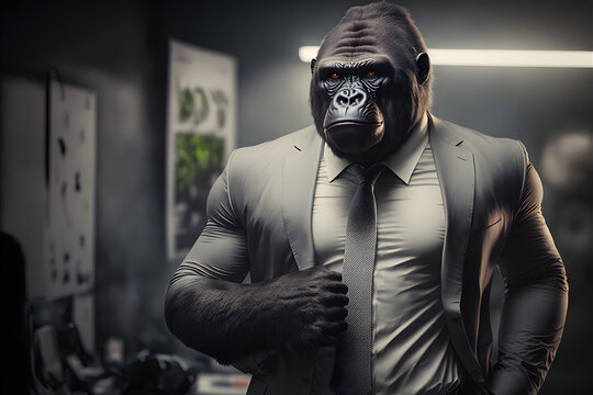 Portrait d'un gorille anthropomorphe businessman travaillant dans les bureaux de sa soci&eacute;t&eacute; &raquo; IA g&eacute;n&eacute;rative