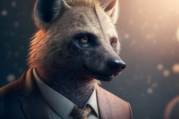 Poster Portrait d'une hyène anthropomorphe businessman travaillant dans les bureaux de sa société » IA générative © Maelgoa
