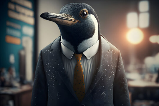 Portrait d'un pingouin anthropomorphe businessman travaillant dans les bureaux de sa soci&eacute;t&eacute; &raquo; IA g&eacute;n&eacute;rative