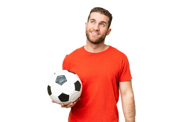 Handsome young football player man over isolated chroma key background thinking an idea while...
