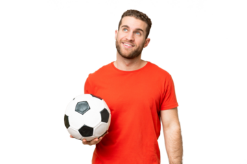 Handsome young football player man over isolated chroma key background thinking an idea while looking up