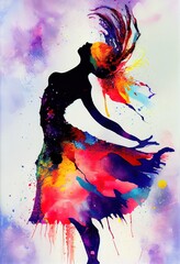 A dancer, abstract woman silhouette with bright colorful floral elements isolated on black background. Generative art