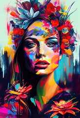 An abstract female portrait and bright colorful floral elements isolated on black background. Generative art