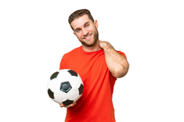 Handsome young football player man over isolated chroma key background laughing