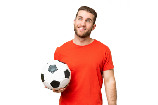 Handsome young football player man over isolated chroma key background thinking an idea while looking up