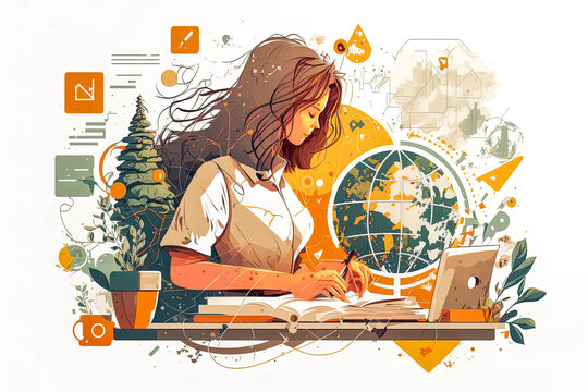 Woman Sitting With Laptop And Books. Concept Illustration For Working, Studying, Education, Work From Home. Flat. Vector Illustration.