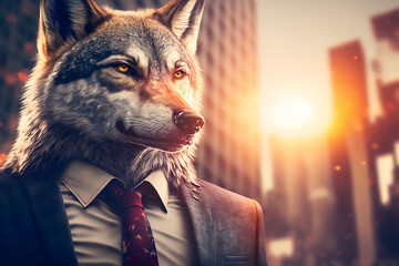 Portrait d'un loup anthropomorphe businessman travaillant dans les bureaux de sa société » IA générative - obrazy, fototapety, plakaty