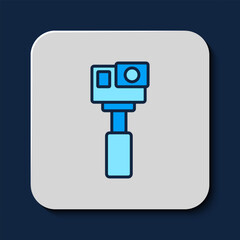 Filled outline Action extreme camera icon isolated on blue background. Video camera equipment for filming extreme sports. Vector