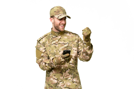 Military man over isolated chroma key background with phone in victory position
