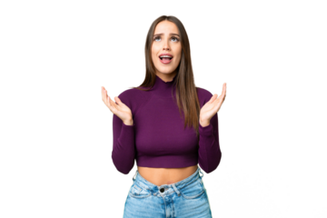 Young beautiful woman over isolated chroma key background stressed overwhelmed