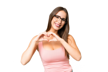 Young beautiful woman over isolated chroma key background With glasses making heart with hands
