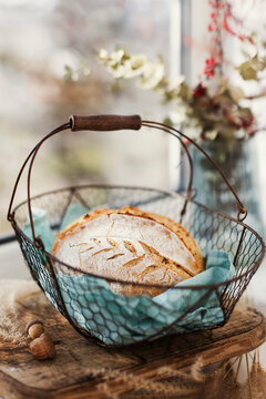 Basket with freshly baked sourdough bread