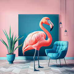 Abstract creative animal concept of a flamingo posing as a man in apartment, a vintage, style room design. Pink tropical flamingo with furniture. Illustration, Generative AI.