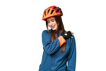 Young cyclist woman over isolated chroma key background suffering from pain in shoulder for having made an effort