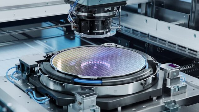 Semiconductor Manufacturing at Modern Factory. Silicon Wafer during Photolithography Process inside Complex Computer Chip Production Machine