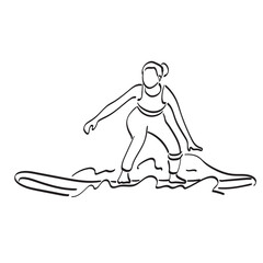 line art woman in sportswear standing on surf board illustration vector hand drawn isolated on white background