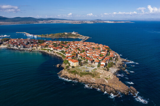 Aerial View To Sozopol City. Sea Town Of Bulgarian Black Sea Coast