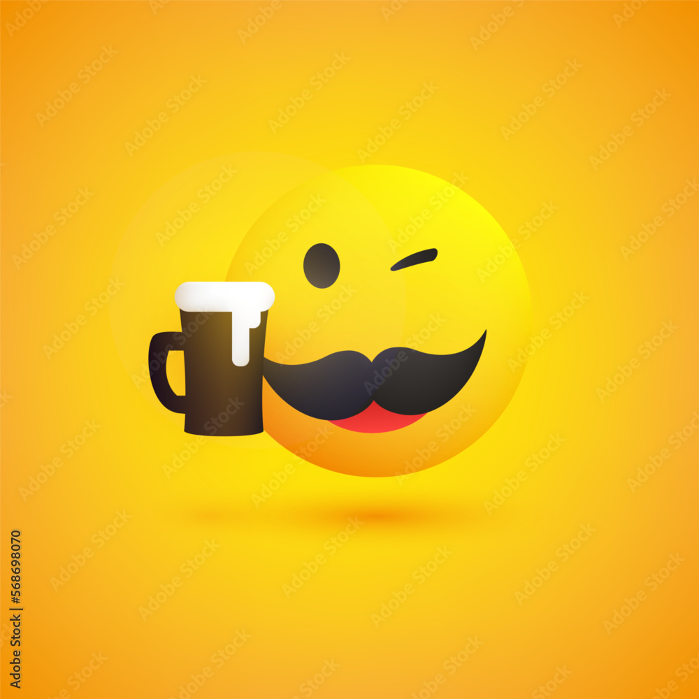 Poster smiling emoji - simple happy winking emoticon with mustache and beer mug - vector design for web and