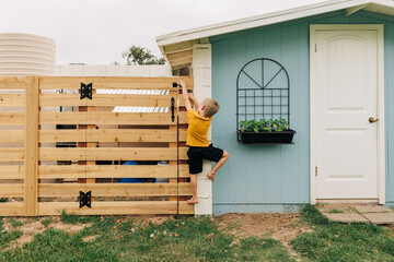 Six year old boy climbs fence to unlock gate in green backyard