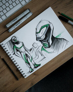 Desk drawing with pencils and markers