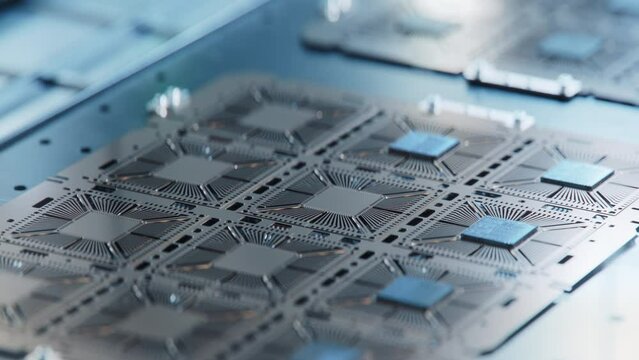 Semiconductor Packaging Process. Close-up of Extracted from Semiconductor Wafer Silicon Dies are being Attached to Substrate by Pick and Place Machine. Computer Chip Manufacturing at Factory.