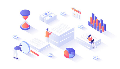 Financial audit and business analysis concept. Documents with charts graphs, magnifying glass, calendar, money, coins, hourglass. Isometry illustration with people scene for web graphic.