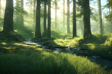 Beautiful forest in spring with bright sun shining through the trees, generative ai