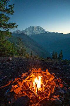 Campfire With Majestic View Of Mount Rainier
