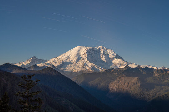 Night Exposure of Mount Rainier With Star Trails