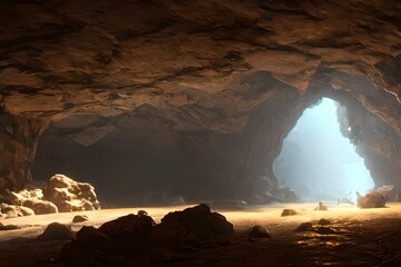 Cave interior with stalactites, stalagmites and sunlight