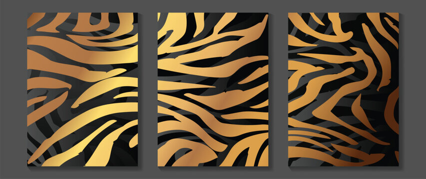 Luxury gold abstract pattern wall art vector set. Delicate gradient gold organic shape tiger stripes pattern with black and grey background. Design for home decoration, spa, cover, interior, print.