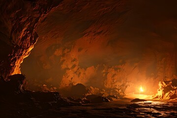 Cave interior with stalactites, stalagmites and sunlight