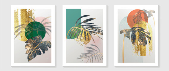 Luxury gold tropical leaves wall art vector set. Botanical exotic jungle palm foliage watercolor and gold line art, foil texture, geometric shape background. Design for home decoration, spa, cover. - obrazy, fototapety, plakaty
