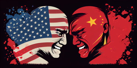 American and Chinese flags  on black background. Concept of conflict war cause Taiwan. America USA VS China metaphor. Generative Ai.