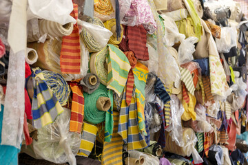 2023 Feb 1,Hong Kong .Sham Shun Po Fabric Market,Detailed close up view on samples of cloth and fabrics in different colors found at a fabrics market.