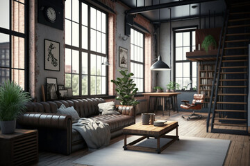 Living room loft in industrial style, 3d render generative AI