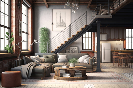 Living room loft in industrial style, 3d render generative AI © ROYALE