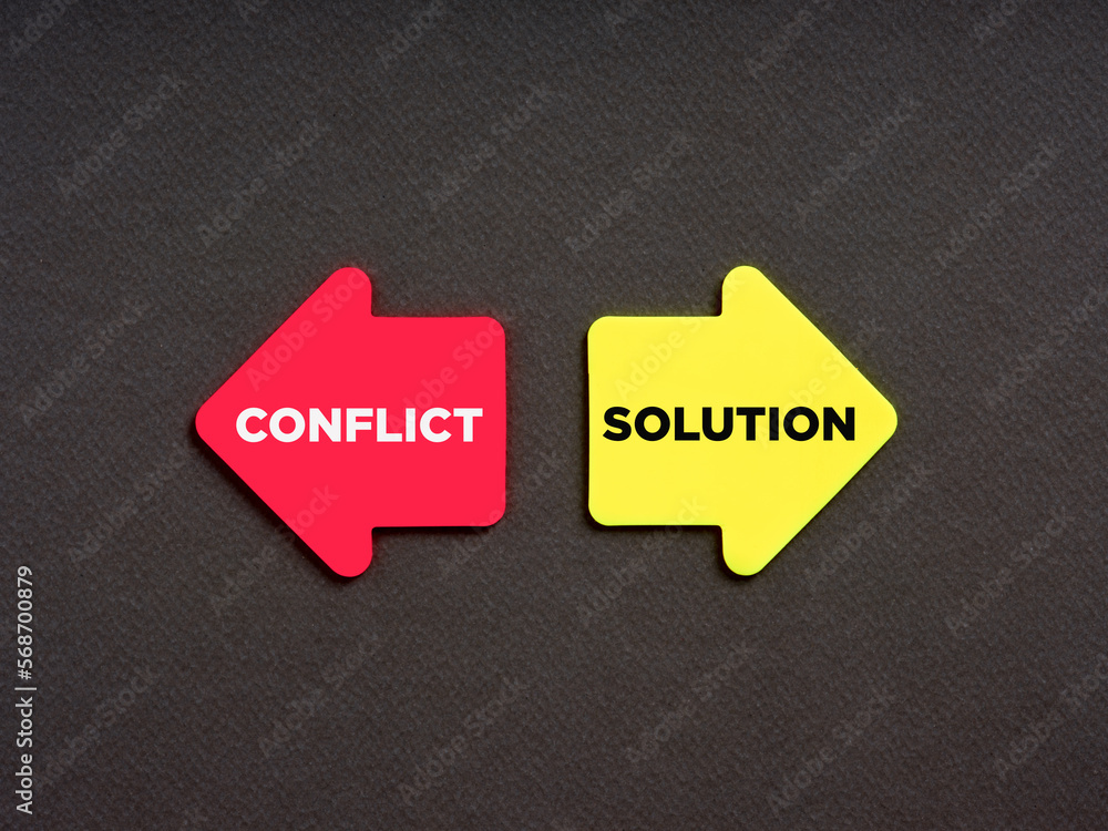 Poster choosing conflict or solution alternative options. business finance concept. the words conflict and 